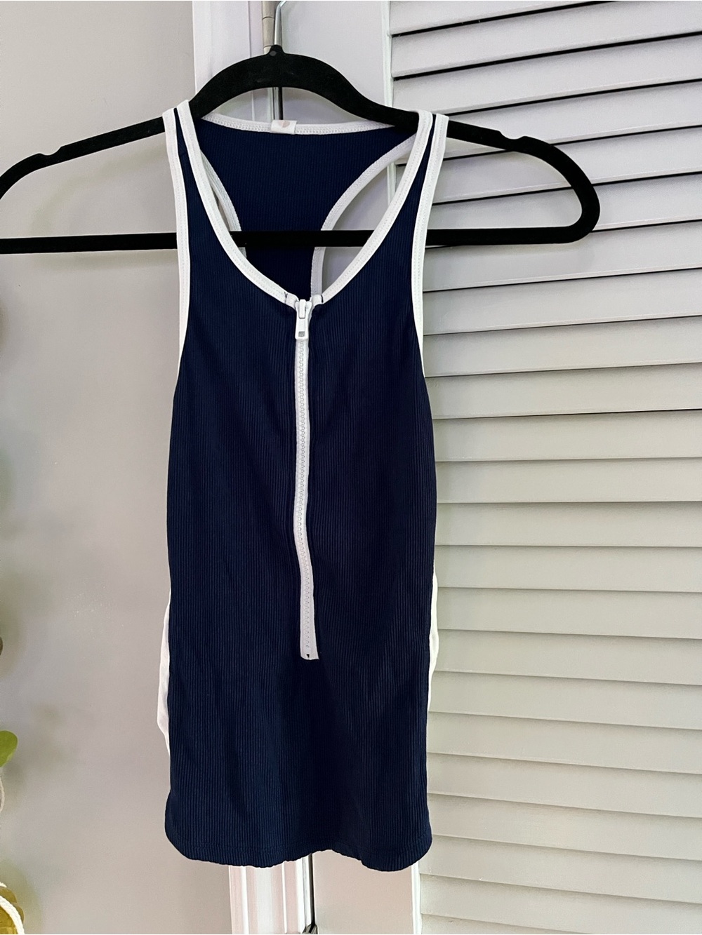 Anthropologie Daily Practice Navy Tank Top with White Trim and Front Zip